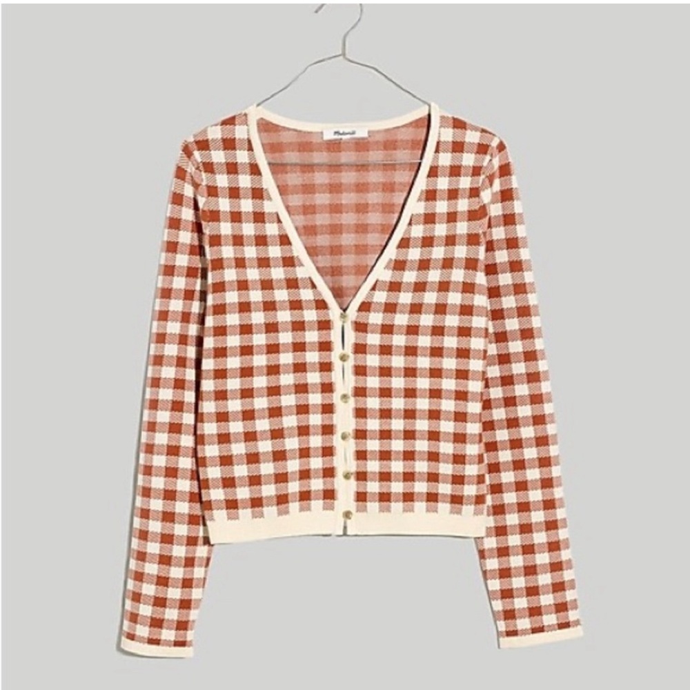 Madewell Gingham Cardigan, Cream & Burnt Orange